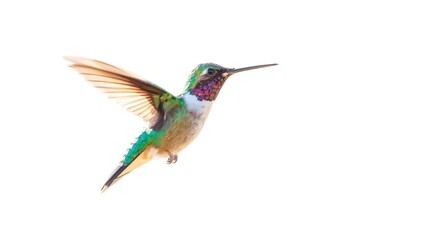 Charming watercolor painting of a hummingbird flying alone on clear white ground