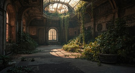 Deserted station chamber brightened by window light and overwhelmed by unusual plant growth