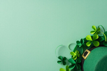 Naklejka premium Vibrant green hat with clover leaves and a gold buckle evokes St Patrick Day celebration, Irish luck, and festive style in a bright holiday scene