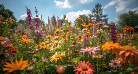 Full summer bloom in a diverse flower garden radiating vivid colors and life