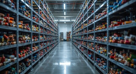 Brightly lit industrial area showing colorful sewing thread spools arranged on shelves