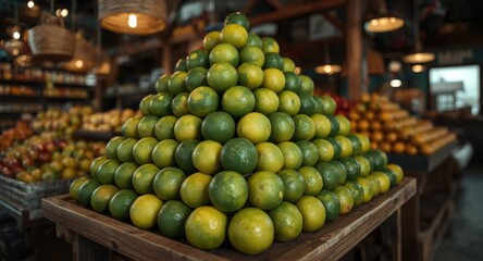 Limes piled high for sale in a quaint fruit shop