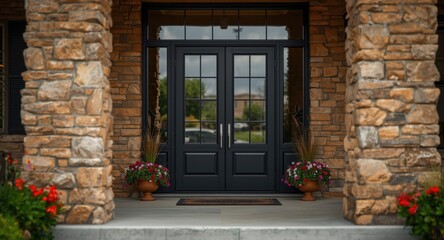 Bold black door featuring glass panels framed by natural stone pillars and accompanied by creative flower pot displays