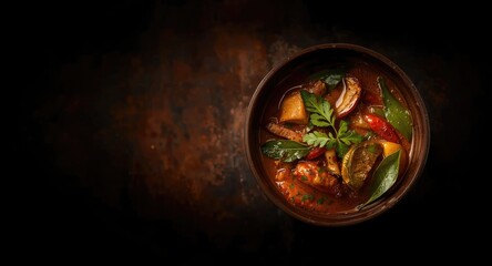 Dark artistic background featuring Thai curry with herbal flavorings