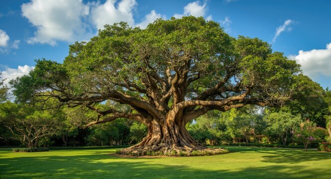 Ancient tembusu tree in lush garden setting with vibrant summer atmosphere