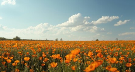 An extensive orange poppy meadow glowing under a peaceful and clear daylight sky