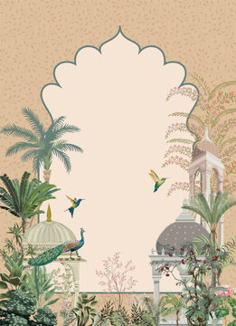 Traditional South Indian Wedding Invitation , Mughal Wedding Invitation card Design, Dome, Birds, Arch.