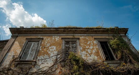 Exterior view of an abandoned historic building with cracked facade and closed window shutters