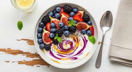View of a bowl of yogurt with mixed berries and fruit international women's day background download 2026 2027