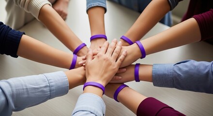 View of a diverse team stacking hands wearing purple bracelets international women's day background download 2026 2027
