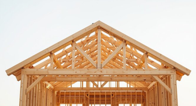 High resolution view of gable roof framing made of wooden trusses and beams on a new stick built house with plain backdrop