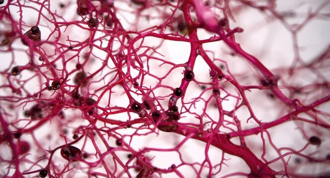 Choroid stroma tissue sample displaying a network of blood vessels and pigment cells with melanin granules