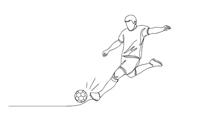 Fototapeta premium Continuous line drawing illustration of a soccer player kicking a ball in motion, perfect for sports themes, design elements and creative projects.