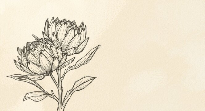 Artful line sketch showing a protea bouquet on a lightly textured pale background
