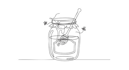 Obraz premium Black outline illustration of a honey jar with dipper and bees in a continuous line drawing style. Perfect for designs needing a natural or minimal feel.