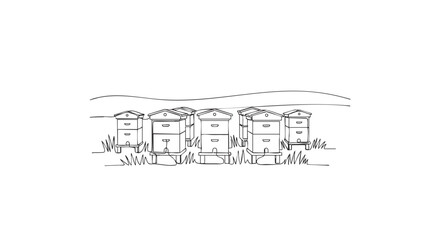 Line art illustration of several beehives situated in a field, drawn with thin black lines against a white background, creating a minimalist and clean visual for various applications.