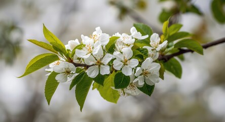 Intense close view of a flowering tree branch with white blooms and healthy green leaves in full bloom