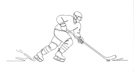 Obraz premium Continuous line art drawing of a hockey player skating and pushing the puck on a white background, suitable for design and artistic concepts.