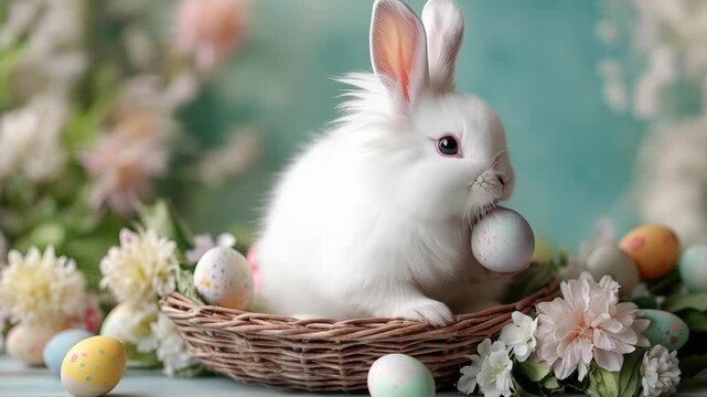 Adorable white bunny with colorful easter eggs in floral setting
