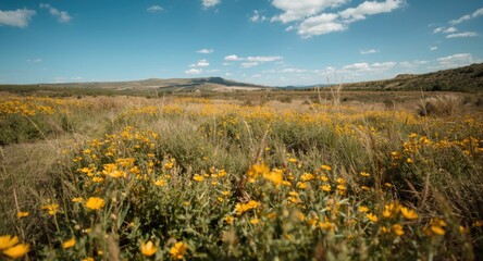 Fototapeta premium Broad wild grassland area decorated with tiny yellow flowers and short green foliage