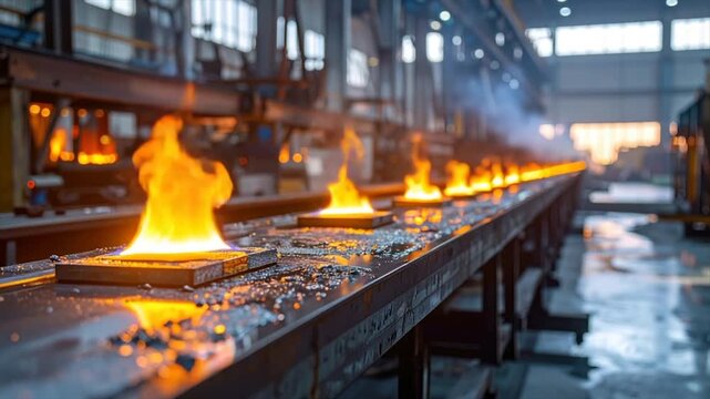 Industrial scene shows flames heating metal blocks on a conveyor belt in a factory