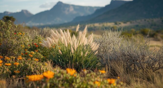 Fynbos biome rich with indigenous restios ericas and proteas showcasing biodiversity and copy space