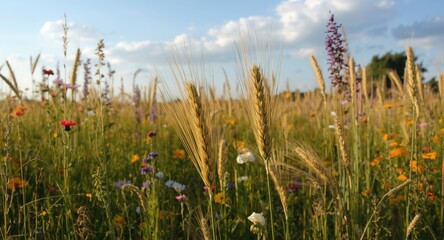 Golden wheat ears glowing with sunlight in a vibrant natural flowering field scene