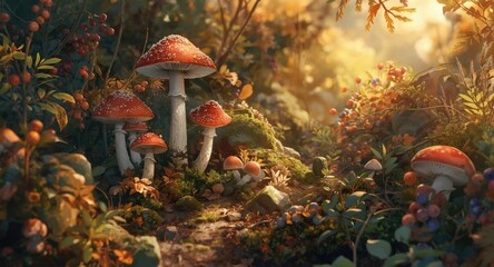 Fototapeta premium Detailed anime watercolor illustration of a fall woodland with mushrooms, plants, and ripe berries