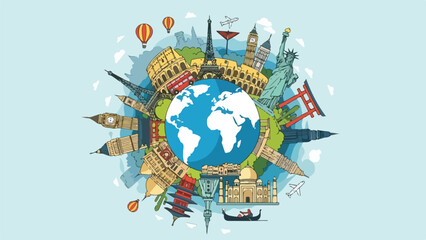 Colorful travel illustration features landmarks around a central globe © Marpuah