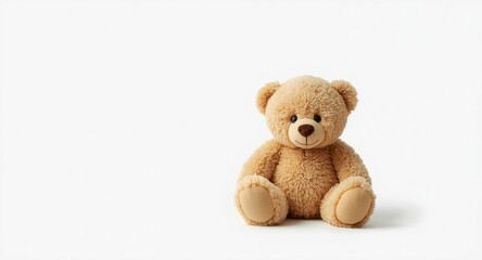 Obraz premium Cute teddy bear sitting quietly against a white backdrop
