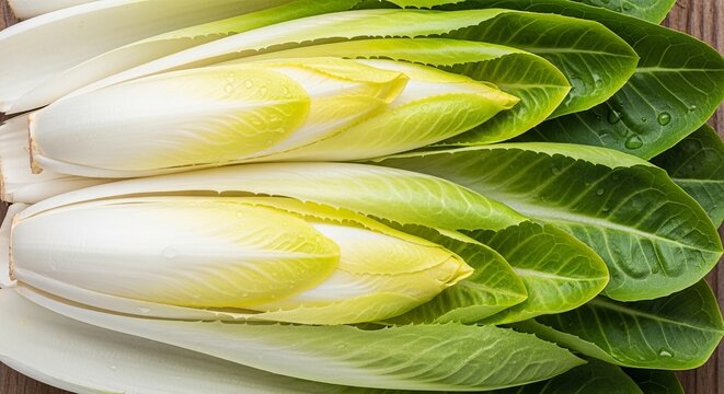 Fresh Belgian endives and crisp romaine lettuce leaves arranged for healthy eating.