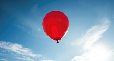 Fototapeta premium Happy red balloon soaring above a vivid blue sky with soft white clouds symbolizing joy and positivity