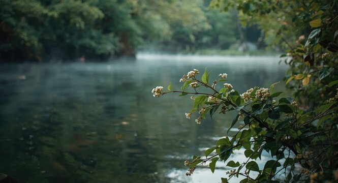 Intimate detail of rogoz plant flourishing along tranquil river with copy space