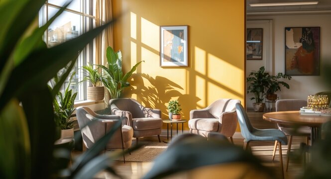 Calm seating area with comfortable chairs and a bright accent wall