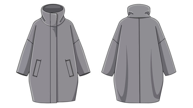 Flat technical drawing of a contemporary longline oversized coat featuring a high stand collar and subtle front pockets shown with clear front and