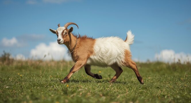 Energetic pet goat frolicking on a fresh grassy lawn full length view summer
