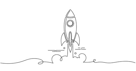 Fototapeta premium Line art rocket launch: minimalist black and white spacecraft outline design. None editable stroke