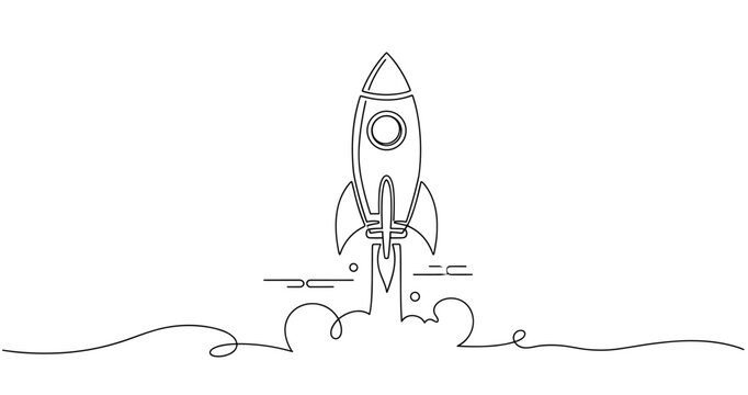 Line art rocket launch: minimalist black and white spacecraft outline design. None editable stroke