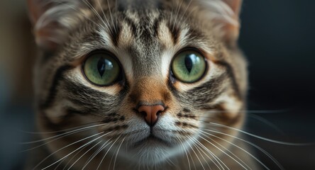close up view of a large eyed pet cat displaying bright green eyes