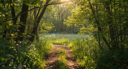 Obraz premium Bright natural light filtering through forest vegetation highlighting a flower filled clearing