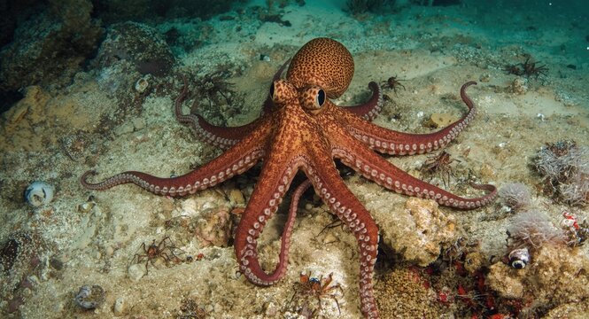 Japanese common octopus hunting for crustaceans on seabed