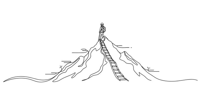 Line art of male climber on mountain peak with ladder. None editable stroke