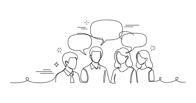 Group discussion illustration with speech bubbles and people outlines. None editable stroke