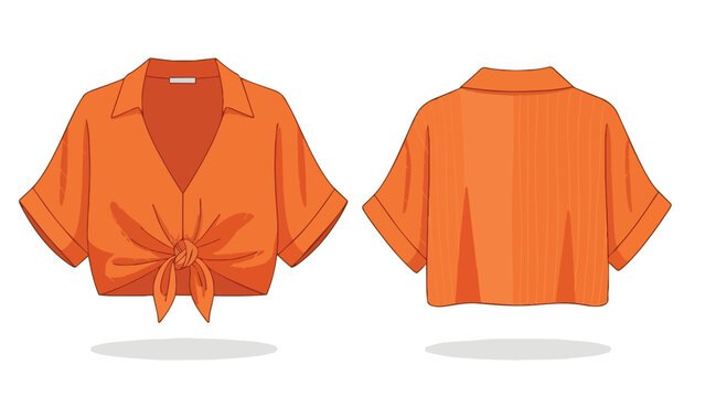 Illustrative orange fashion top, front tie knot, short sleeves, summer attire concept for trendy designs