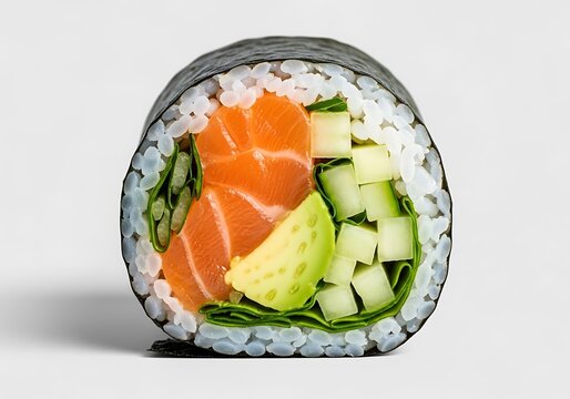 Salmon Avocado Sushi Roll Cross Section Isolated on White Background