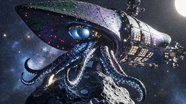 A colossal alien spaceship resembling a squid with glowing blue eyes and intricate tentacles hovers in a vibrant nebula amidst a starry cosmos.