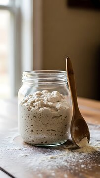 Wooden spoon in jar of sourdough starter on wooden table