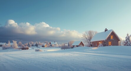 Bright winter day with houses topped in snow blankets