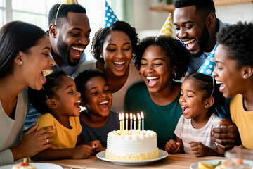 Obraz premium A joyful Black family, including four adults and three children, laughs enthusiastically while celebrating a birthday with a cake topped with lit candles.