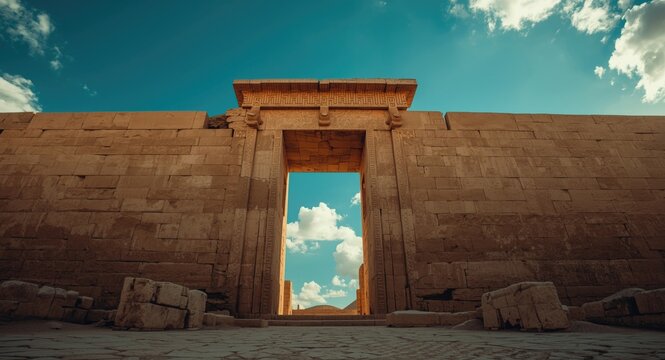 Ground level look at the entrance of an ancient Egyptian temple